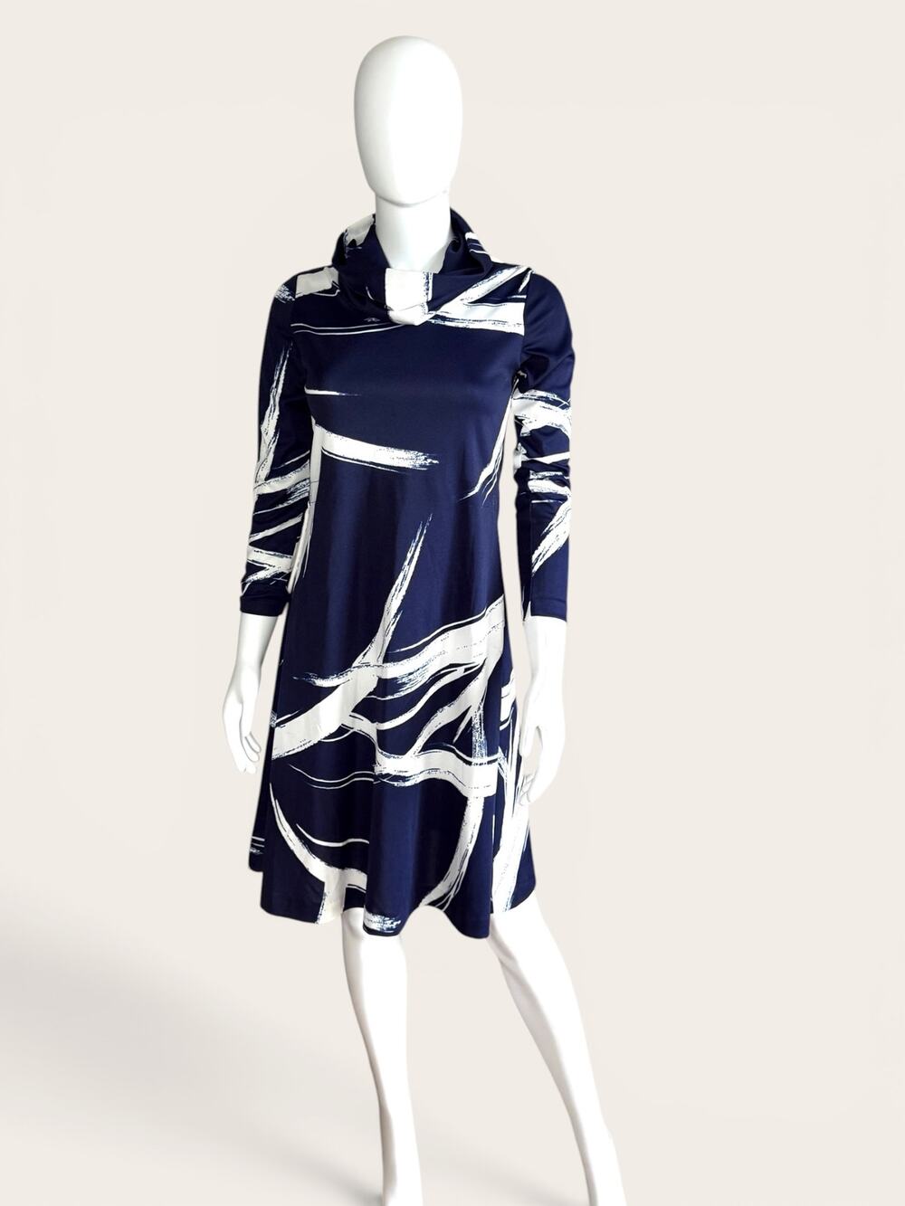 Navy Abstract Print Long Sleeve Cowl Neck Midi Dress